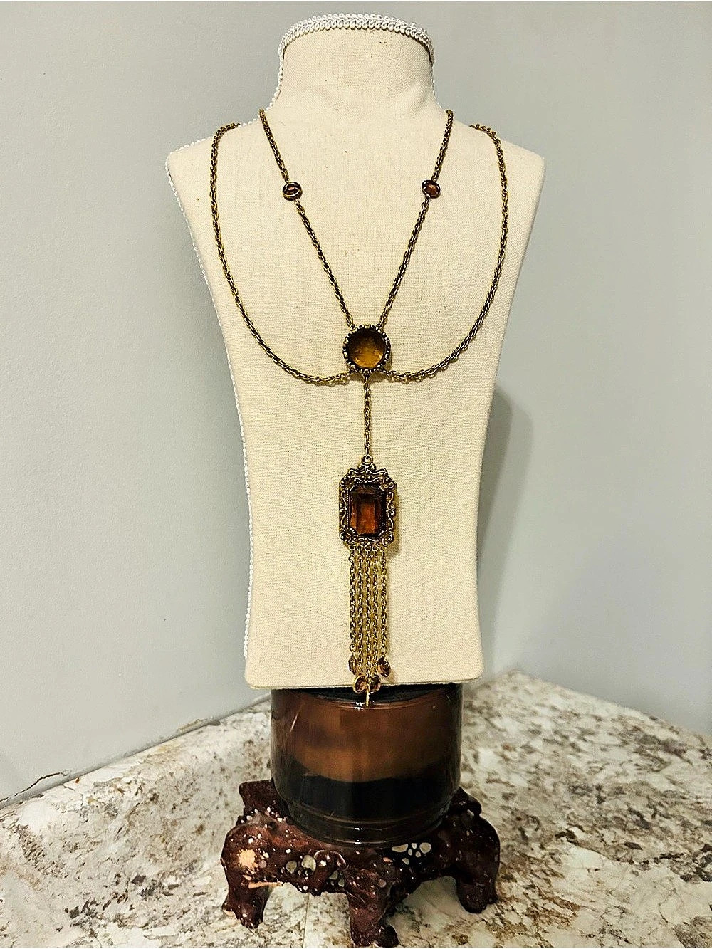 1950’s Vintage Amber Cameo Engraved Glass Victorian Pendant Necklace